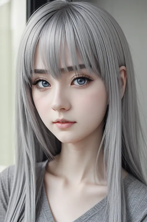 Pale skin anime style girl with gray hair with gray eyes