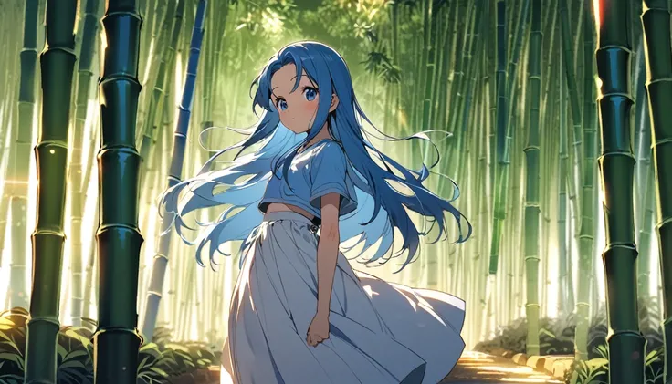 A 13-year-old girl，White long skirt，Blue long hair，bamboo forest，afternoon。