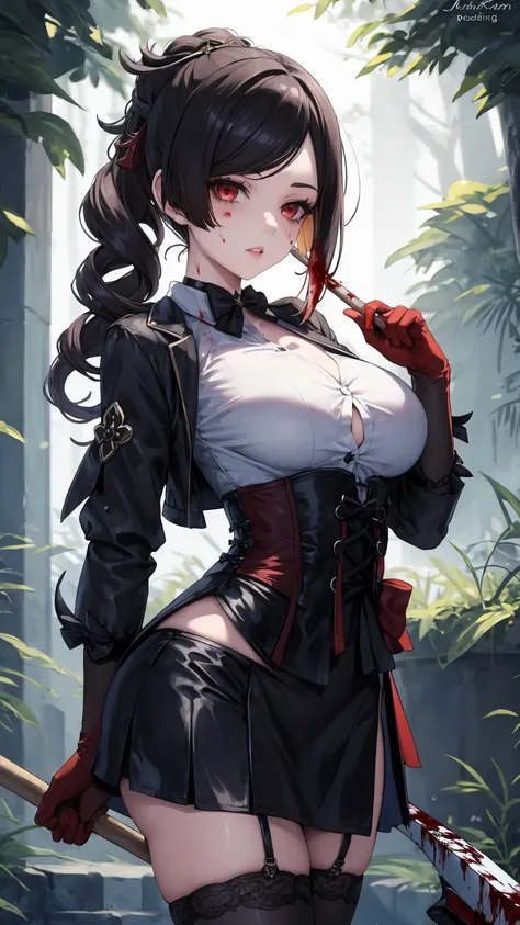 ((blood droplets)), ((blood)), ((blood splatter)), ((blood on clothes)), ((blood stain)), Masterpiece, Beautiful art, professional artist, 8k, Very detailed face, Detailed clothing, detailed fabric, 1 girl, Chiori (genshin impact), front view, standing, pe...