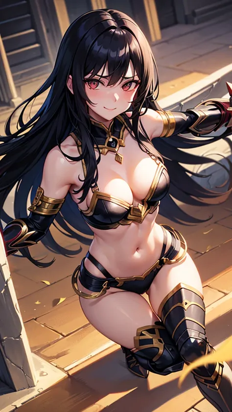 aggressive、strong、Confident々laughing at、Black long hair、Woman warrior、Dancer、Holding a sword、dancing passionately、Diagonal view from above、sexy、Erotic、Outstanding style、Fearless smile、Chest Armor、Waist armor、gauntlet、Knee pads