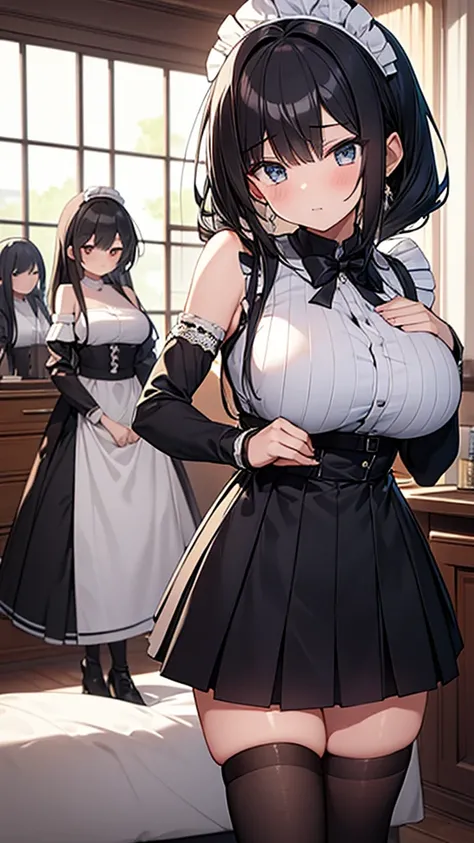 ((masterpiece)), (Highest quality、32k), (Simple style), (Faceless,Face peeling), 2 Girls, Only one maid, Big Breasts, Big Swing Chest, Wearing a face stolen from someone else, Sexy body, Sleeveless, No sleeve, Off the shoulder, Black Dress, Pleated lace, L...