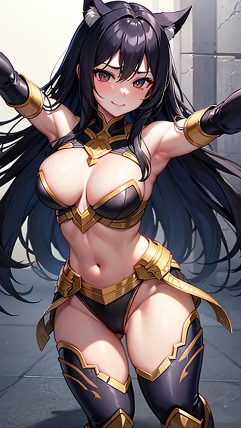 aggressive、strong、Confident々laughing at、Black long hair、Woman warrior、Dancer、Holding a sword、dancing passionately、Diagonal view from above、sexy、Erotic、Outstanding style、Fearless smile、Chest Armor、Waist armor、gauntlet、Knee pads