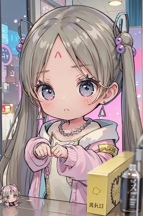 realistic、chibi girl doll、long hair、hair ornaments、jewelry、earrings、twin tails、necklace、face mark、forehead mark、long sleeve、jack...