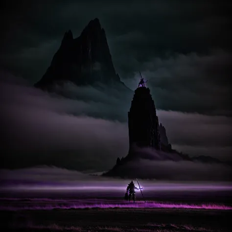 In a desolate and gloomy place full of purple fog, the black silhouette of a knight carrying a sword is seen, standing in front of a creature with black scales and beautiful purple eyes, the creature resembles a dragon, like a movie from the 1970s
