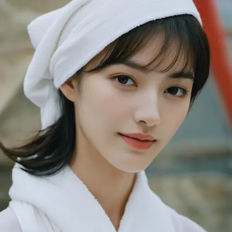 Close up portrait of a beautiful face Korean girls on ‘volcano’ still from the film, ((solo)), (Anne Hathaway look alike face: 0.9), in the style of beauty cosmetics, confidence smile, fighting practice photography, rose gold and olive green, burne-jones, ...