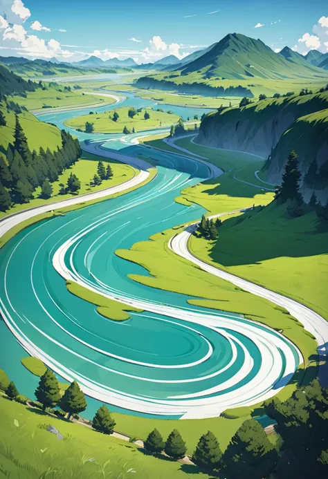 An animation of a green wide meadow with majestic river flowing from north to south