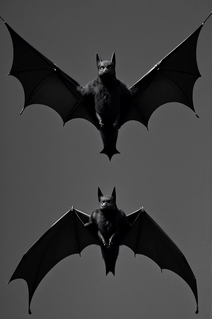 bat with spread wings, in shades of black and gray.