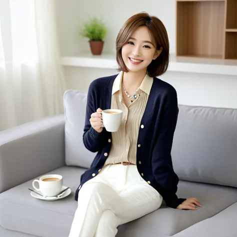 beautiful korean woman , 32 inch chest size, Wearing a cardigan with a blouse, casual pants, short medium hair, Smile. necklace, sit on the sofa and drink coffee, porcelain coffee cup, uhd