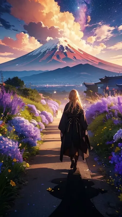 １people々々々々々々々々々々,Blonde long-haired woman，Long coat， Dress Silhouette， Rear View，Space Sky, Flower Field，Colorful flowers、Fuji Mountain,Fisheye Lens