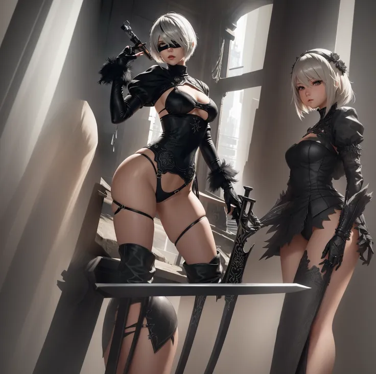 Anime girl with sword and black outfit posing for a photo、2B Nier オートマトン、Nier:Automaton Inspired、Nier オートマタ インスパイア、Nier オートマタの 2 B、Nier オートマタの 2b、2 b、Nier インスパイアー、Nier 2 b、Bad anime 8k、Nier、Female Assassin、8k high quality detailed art