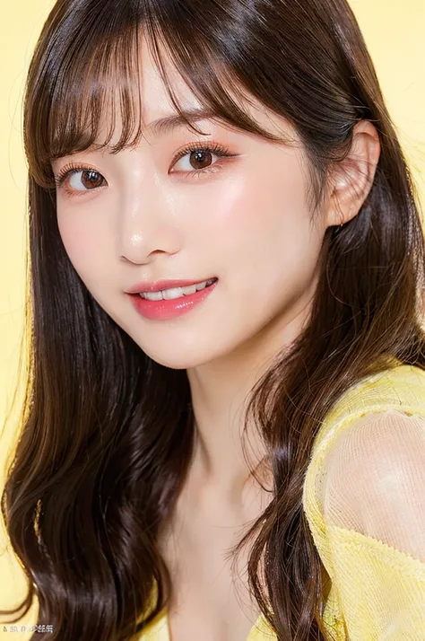 (((big laugh))), high-level image quality、20 year old Korean girl photo, raw, cute face, ((Portrait)), (dull yellow background:1.4), ((Detailed face:1.2)), ((A detailed face Characterized by fine skin), pale skin, , (cold color), moist, moist, reflector st...