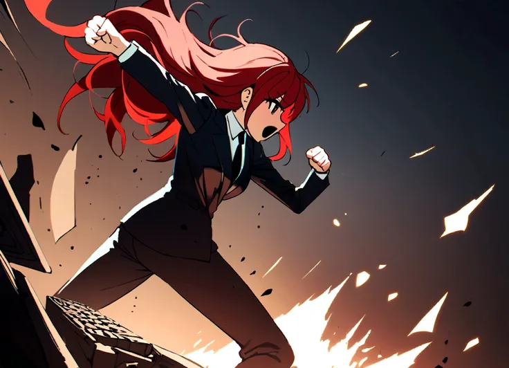 A girl with red hair in a suit smashing a computer with her fist