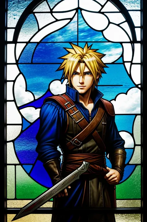 A detailed stained glass window of Cloud Strife