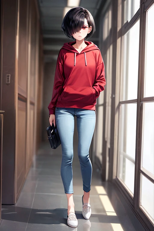 (Best quality), (flawless quality), 1girl, solo, woman, full body, short black hair, hair over one eye, red eyes, sharp gaze, red hoodie, blue pants, white flat shoes, holding purse, in the classroom, anxious