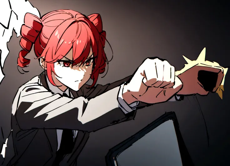 A girl with red hair in a suit smashing a computer with her fist