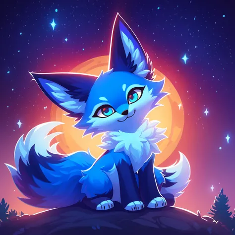 super fluffy cosmic blue fox in dreamworks art style, evening background