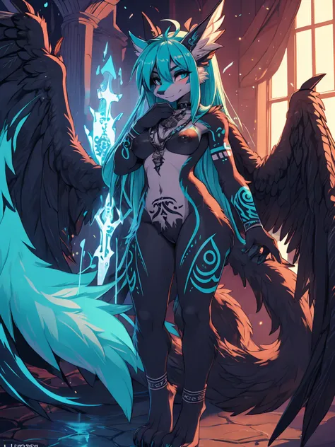 Miku Hatsune, add high definition_detail:1, blue fur,kitsune ears, tribal tattoo add_detail:1, in hell add_detail, barefoot, the same, giant black feather wings add_detail:1 ,alas hermosas la mejor calidad y detail en las plumas, blue saturation light, sen...