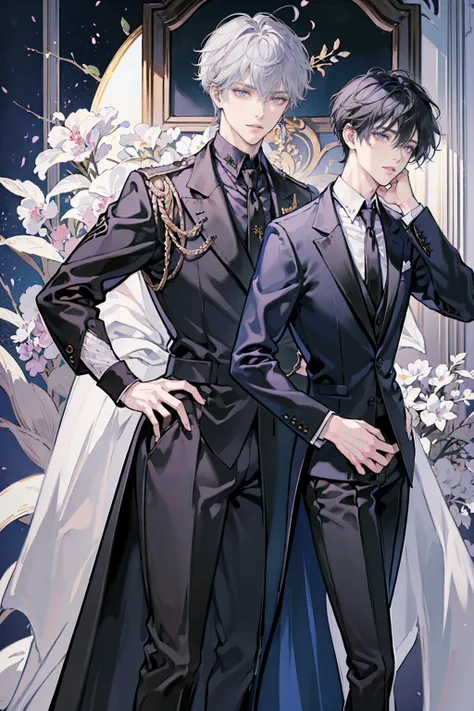 anime - (masterpiece), best quality, seductive eyes, perfect face, handsome man, delicate androgynous prince, beautiful androgynous prince, wearing a black noble suit, purple eyes, middle part haircut, short length white hair, black coat, grey suit, black ...