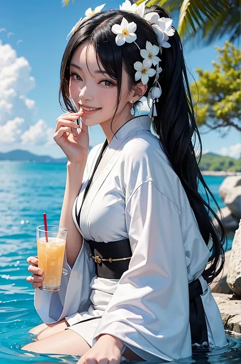 Smiling beautiful woman with black hair and white kimono drinking water under the blue sky