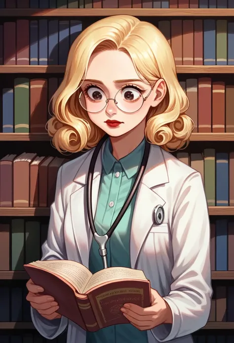 best quality, ultra details), a woman reading a nursing book ,Round face, looking 35 years old, beautiful detailed eyes, (eyes browns:), short wavy blonde hair,beautiful detailed red lips, corpo mid size,studying , a quiet library, serene experience,soft n...