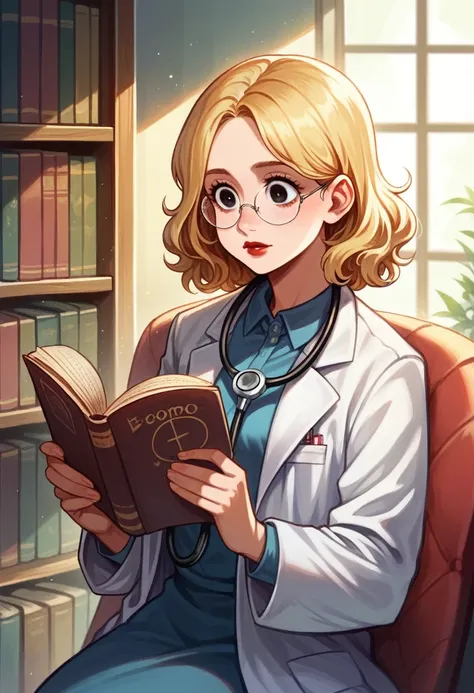 best quality, ultra details), a woman reading a nursing book ,Round face, looking 35 years old, beautiful detailed eyes, (eyes browns:), short wavy blonde hair,beautiful detailed red lips, corpo mid size,studying , a quiet library, serene experience,soft n...