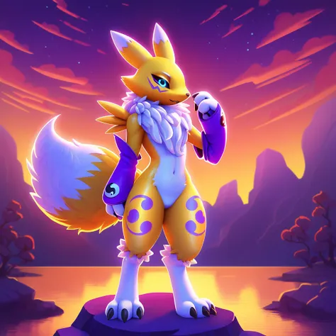 super fluffy renamon in dreamworks art style, evening background