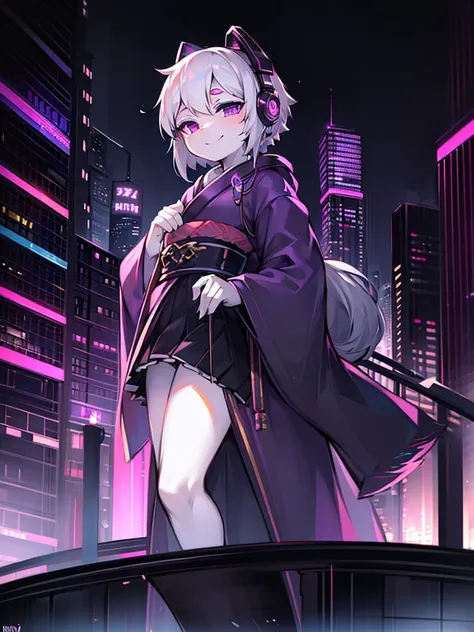 One, kimono, a femboy, White hair, purple eyes,  wear a white sweatshirt, wear a black skirt, wearing black headphones, smile, look into the camera, stand on a tall building, Cyberpunk city background, night time, high detail