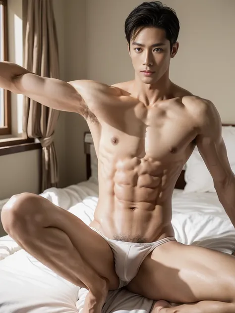 Korean male actor in thongs, handsome Korean guy, handsome man, Full Body Shoot, photoshoot, portrait, studio lighting, look at camera, detailed facial parts, Manly, Charmer, Active Boy, sitting on bed, opened leg, hand catch briefs, anguished expression, ...