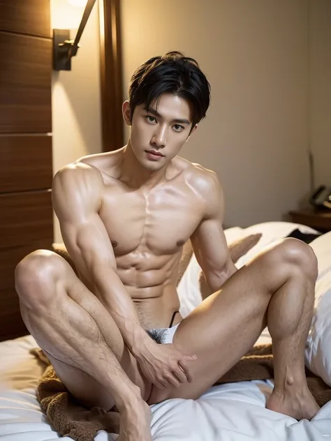 Korean male actor in thongs, handsome Korean guy, handsome man, Full Body Shoot, photoshoot, portrait, studio lighting, look at camera, detailed facial parts, Manly, Charmer, Active Boy, sitting on bed, opened leg, hand catch briefs, anguished expression, ...