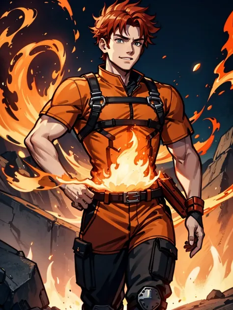 A young man，Red hair，flame，Cheerful，Sunlight，warrior，Orange clothes，brave，Fire Element，confidence，Standing，Ultra HD
