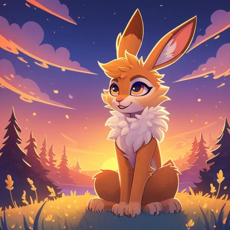 super fluffy jackalope in dreamworks art style, evening background