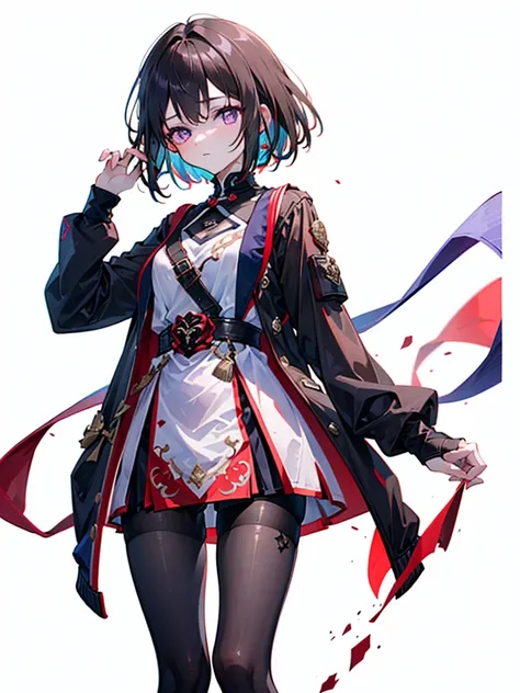 ((masterpiece, best quality)), highres, 1girl, xueyi, (short brown hair, purple eyes), brown jacket, short skirt, tights, white background