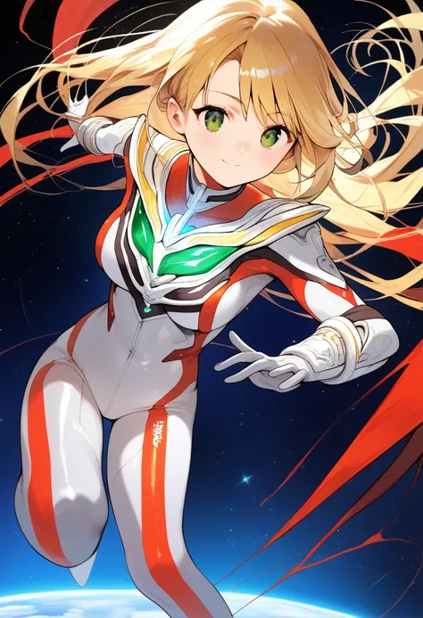 (best quality),female,sala,original,blonde hair ,green eyes,silver bodysuit,red stripes,ultragirl,space background,ultra-detaile...