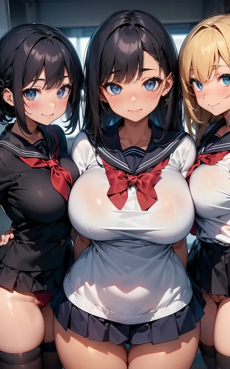 (Cute eyes:1.2), (Sparkling eyes:1.2),(Beautiful Eyes:1.2), Highest quality,wonderful,finely,Highly detailed CG Unity 8k wallpaper, (The three of them lined up and hugged:1.2),(Three people with different physiques:1.3), (Three Girls, Sailor suit, Skinny b...