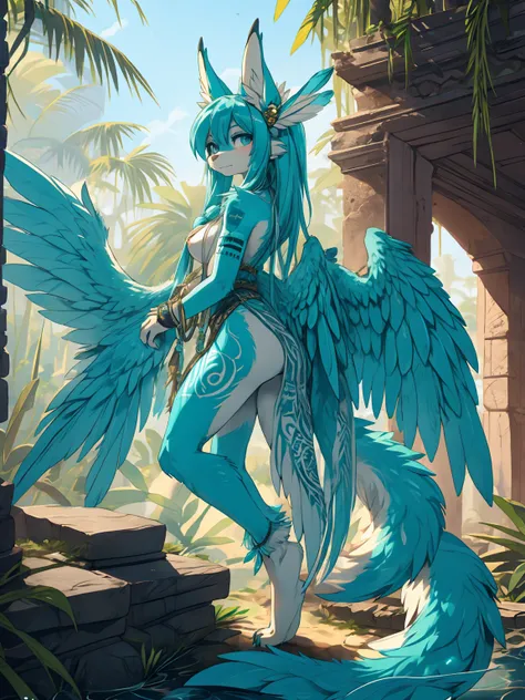 Miku Hatsune, add high definition_detail:1, blue fur,kitsune ears, tribal tattoo add_detail:1, in a ruins in the jungle, barefoot, the same, giant aqua feather wings add_detail:1 ,alas hermosas la mejor calidad y detail en las plumas, add blue saturation l...