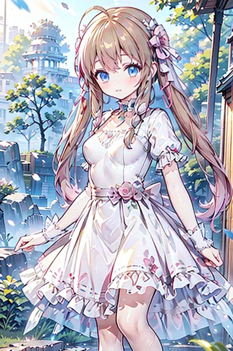 Solo girl, brown twin tails, braid hairs, blue eyes, princess dress, posing, anime girl, focus on hair, natural, jungles, spring, rock