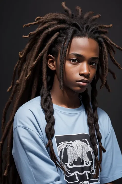 A 16 to 19 year old dark-skinned boy with dreadlocks on a black background