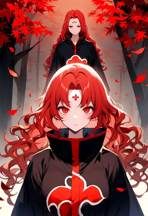 Redhead girl with wavy hair, visiting akatsuki outfit, with the sharingan in both eyes, On his forehead he wears a bandala from the village among the leaves, she is facing the front looking at the camera 
