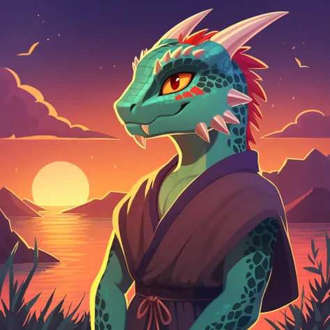 super fluffy argonian in dreamworks art style, evening background