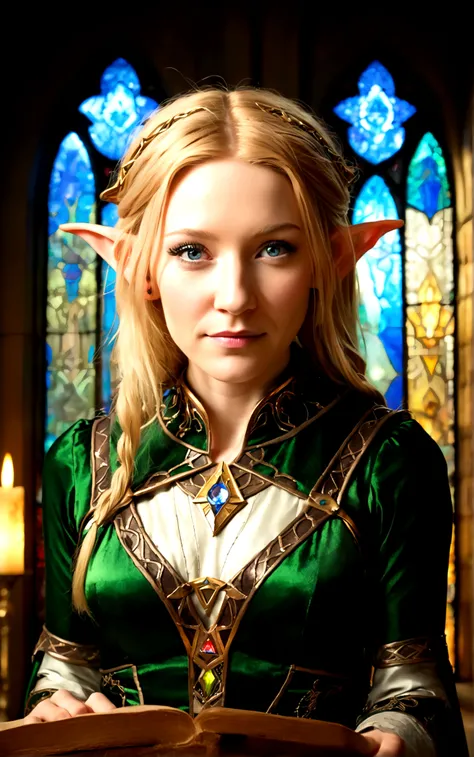 high quality portrait of Cate Blanchett, 25 years old, elf ears, wearing Twilight princess Zelda costume, heroic pose, lavish room with stained glass, extremely detailed face and eyes, intricate costume details, dramatic lighting, photorealistic, vibrant c...