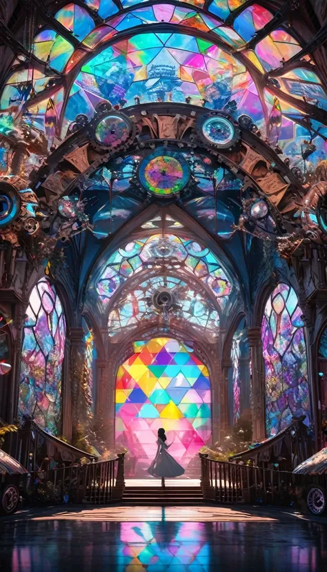 conceptual installation pop art, best quality, super fine, 16k, 2.5D, delicate and dynamic depiction, transparent, translucent iridescent stained glass, prism effects, driven by gears and wheels, Alice in Wonderland, pretty Disney world effects, eye-catchi...