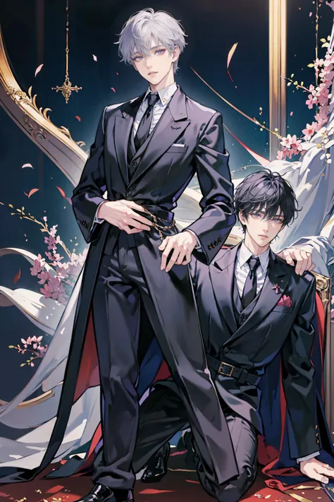 anime - (masterpiece), best quality, seductive eyes, perfect face, handsome man, delicate androgynous prince, beautiful androgynous prince, wearing a black noble suit, purple eyes, middle part haircut, short length white hair, black coat, grey suit, black ...