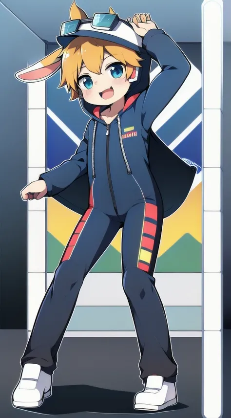 2D Shonen Shota，One-piece racing suit，Slim, healthy body，Put the headphones on your head，stand up，goggles，Rabbit ears，Happy，Sailor collar，tie，zipper，hood