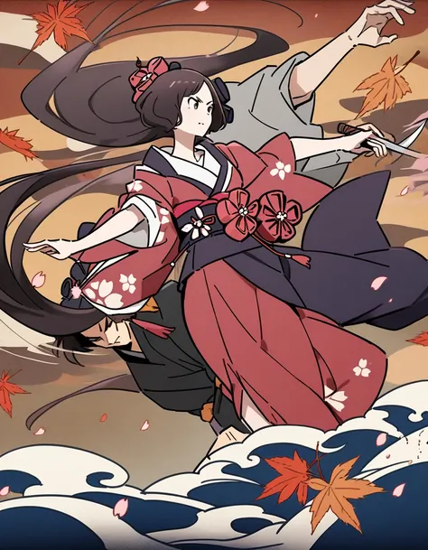 Highest quality, Katsushika Hokusai, Ukiyo-e, (((Very straight long hair))), (((1 Girl))), (((1 Youth))), (((cherry blossoms))), (((autumn leaves))), knife, Japanese traditional patterns, Japanese style, kimono, beautiful girl, handsome man, Black Hair, Gr...