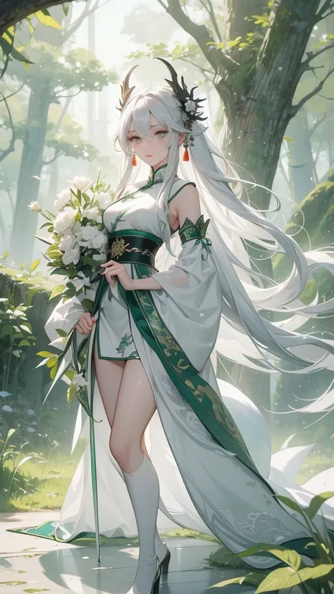 work of art, best qualityer, ultra epic details, long white hair, white eyelashes , gray eyes, greatsword, surrounded by a large and long green Chinese mythological dragon, white stockings, white outfit, forest in the background