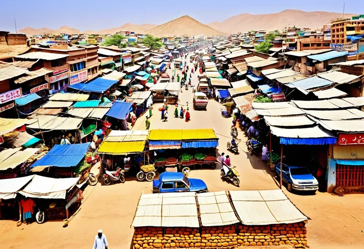 market,noon,Thriving city,Well-maintained roads,Arid regions