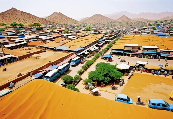 market,noon,Thriving city,Well-maintained roads,Arid regions