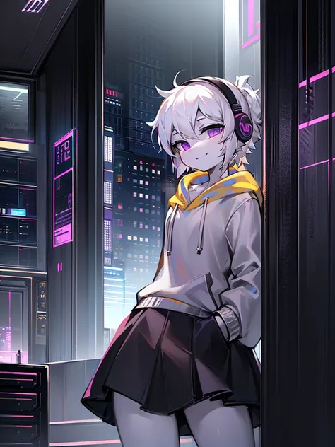 One, a femboy, White hair, purple eyes,  wear a white sweatshirt, wear a black skirt, wearing black headphones, smile, look into the camera, stand on a tall building, Cyberpunk city background, night time, high detail, standing in an apartment with white f...