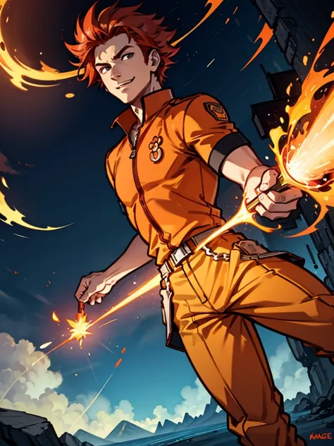 A young man，Red hair，flame，Cheerful，Sunlight，Orange clothes，brave，Fire Element，confidence，Standing，Ultra HD，Handsome，Mage