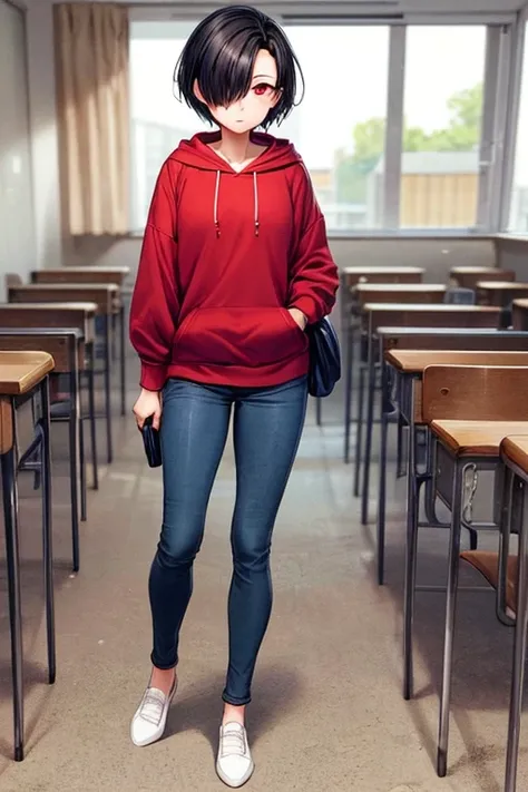 (Best quality), (flawless quality), 1girl, solo, woman, full body, short black hair, hair over one eye, red eyes, sharp gaze, red hoodie, blue pants, white flat shoes, holding purse, in the classroom, anxious